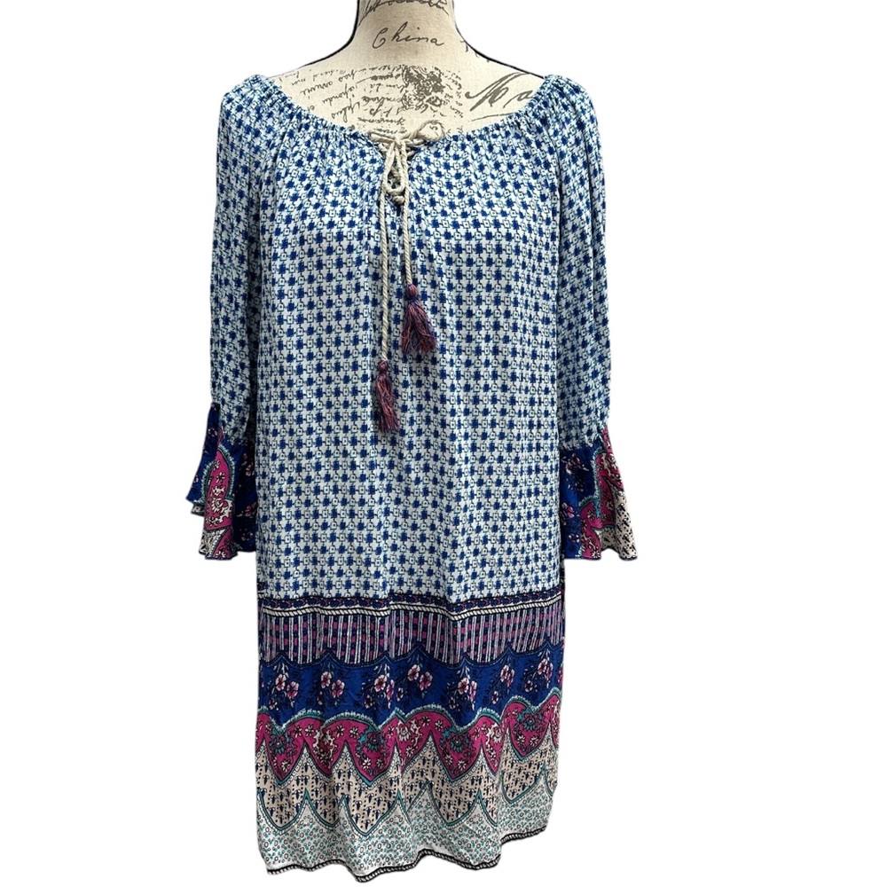Umgee Boho Mixed Floral Print Dress Ruffle Bell sleeve Blue Pink Cotton Blend